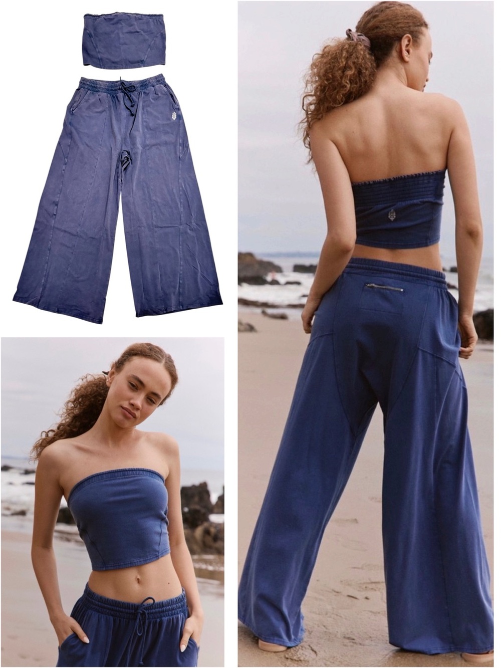 NWT Free People x FP Movement Hot Shot Tube Top & Wide-Leg Pants Set - Navy